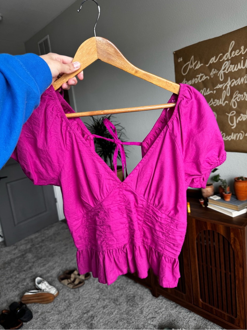 Women's Magenta Peasant Blouse with Tie Back